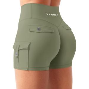 imageYEOREO CoreFlex Women Workout Gym Shorts with Cargo Pockets Hidden Scrunch 36quot Inseam No Front Seam Biker ShortsArmy Green