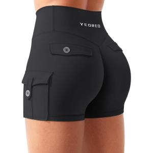 imageYEOREO CoreFlex Women Workout Gym Shorts with Cargo Pockets Hidden Scrunch 36quot Inseam No Front Seam Biker ShortsBlack