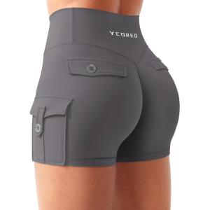 imageYEOREO CoreFlex Women Workout Gym Shorts with Cargo Pockets Hidden Scrunch 36quot Inseam No Front Seam Biker ShortsDark Grey