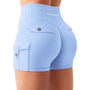 imageYEOREO CoreFlex Women Workout Gym Shorts with Cargo Pockets Hidden Scrunch 36quot Inseam No Front Seam Biker ShortsLight Blue
