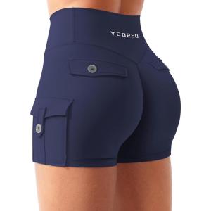 imageYEOREO CoreFlex Women Workout Gym Shorts with Cargo Pockets Hidden Scrunch 36quot Inseam No Front Seam Biker ShortsNavy