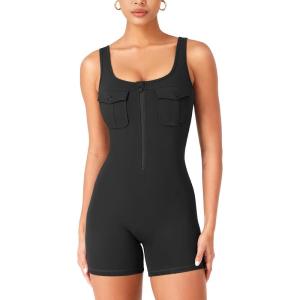 imageYEOREO CoreFlex Workout Jumpsuits for Women One Piece Backless Sleeveless Jumpsuit with Pockets Cargo Zip Up Gym Yoga RompersBlack