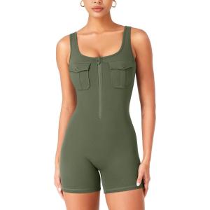 imageYEOREO CoreFlex Workout Jumpsuits for Women One Piece Backless Sleeveless Jumpsuit with Pockets Cargo Zip Up Gym Yoga RompersGreen