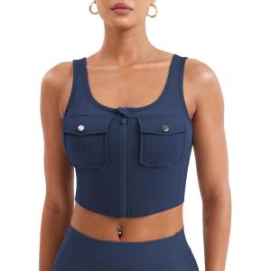 imageYEOREO CoreFlex Workout Tank Tops for Women U Neck Zip Up Crop Top Sleeveless Athletic Yoga Camisole Yvetty Going Out TopsDeep Blue