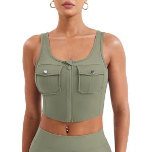 imageYEOREO CoreFlex Workout Tank Tops for Women U Neck Zip Up Crop Top Sleeveless Athletic Yoga Camisole Yvetty Going Out TopsLight Army