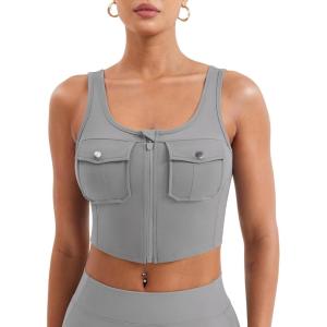 imageYEOREO CoreFlex Workout Tank Tops for Women U Neck Zip Up Crop Top Sleeveless Athletic Yoga Camisole Yvetty Going Out TopsLight Grey