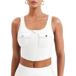 imageYEOREO CoreFlex Workout Tank Tops for Women U Neck Zip Up Crop Top Sleeveless Athletic Yoga Camisole Yvetty Going Out TopsWhite