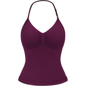 imageYEOREO SoftHue Impact Longline Strappy Top Womens Halter Workout Tank Tops Backless Gym Longline with Adjustable StrapBlack Cherry