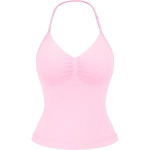 imageYEOREO SoftHue Impact Longline Strappy Top Womens Halter Workout Tank Tops Backless Gym Longline with Adjustable StrapPink