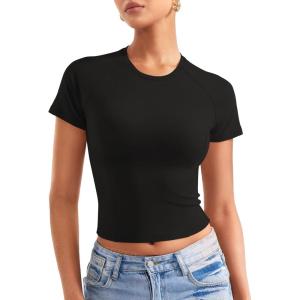 imageYEOREO Womens Crop Top Crew Neck Y2K Baby Tee Slim Fit Short Sleeve Shirt Corriny Going Out Workout Basic TopsBlack