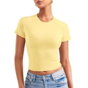imageYEOREO Womens Crop Top Crew Neck Y2K Baby Tee Slim Fit Short Sleeve Shirt Corriny Going Out Workout Basic TopsCream Yellow