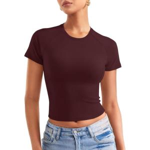 imageYEOREO Womens Crop Top Crew Neck Y2K Baby Tee Slim Fit Short Sleeve Shirt Corriny Going Out Workout Basic TopsDeep Wine Red