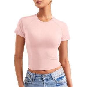 imageYEOREO Womens Crop Top Crew Neck Y2K Baby Tee Slim Fit Short Sleeve Shirt Corriny Going Out Workout Basic TopsPink