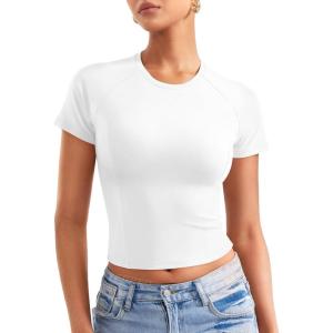 imageYEOREO Womens Crop Top Crew Neck Y2K Baby Tee Slim Fit Short Sleeve Shirt Corriny Going Out Workout Basic TopsWhite