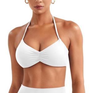 imageYEOREO Halter Sports Bras for Women Strappy Backless Impact Removable Pads Adjustable Deep V Bra Workout Gym Yoga Crop TopWhite