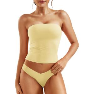 imageYEOREO Sophie Women Sexy Long Tube Tops Double Lined Basic Y2K Summer Cute Strapless Fitted Bandeau Going Out Crop TopCreamy Yellow