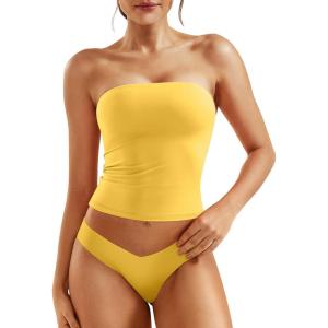 imageYEOREO Sophie Women Sexy Long Tube Tops Double Lined Basic Y2K Summer Cute Strapless Fitted Bandeau Going Out Crop TopYellow