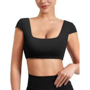 imageYEOREO Womens Square Neck Tank Tops Backless Summer Built in Bra Workout Crop Cap Sleeve Slice Casual Going Out ShirtsBlack