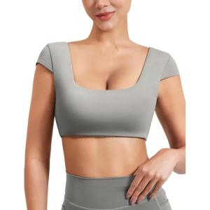 imageYEOREO Womens Square Neck Tank Tops Backless Summer Built in Bra Workout Crop Cap Sleeve Slice Casual Going Out ShirtsLight Grey