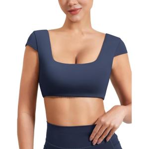 imageYEOREO Womens Square Neck Tank Tops Backless Summer Built in Bra Workout Crop Cap Sleeve Slice Casual Going Out ShirtsNavy Blue