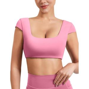 imageYEOREO Womens Square Neck Tank Tops Backless Summer Built in Bra Workout Crop Cap Sleeve Slice Casual Going Out ShirtsPink