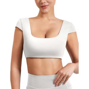 imageYEOREO Womens Square Neck Tank Tops Backless Summer Built in Bra Workout Crop Cap Sleeve Slice Casual Going Out ShirtsWhite