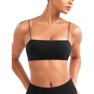 imageYEOREO Womens Spaghetti Strap Sports Bra Enidy Square Neck Yoga Wireless Low Impact Padded Seamless Cami Crop TopBlack