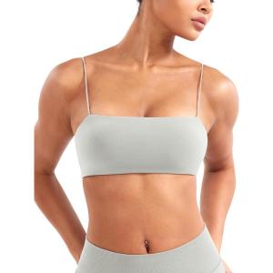 imageYEOREO Womens Spaghetti Strap Sports Bra Enidy Square Neck Yoga Wireless Low Impact Padded Seamless Cami Crop TopFeather Rice