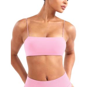 imageYEOREO Womens Spaghetti Strap Sports Bra Enidy Square Neck Yoga Wireless Low Impact Padded Seamless Cami Crop TopPink