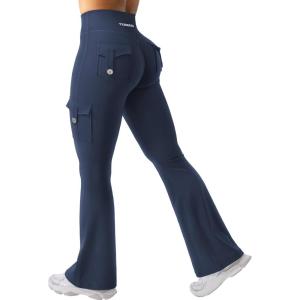 imageYEOREO CoreFlex Women Workout Flare Leggings with Pockets Hidden Scrunch High Waisted Cargo Gym Yoga No Front Seam LeggingsBlue Navy