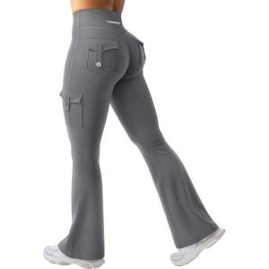 imageYEOREO CoreFlex Women Workout Flare Leggings with Pockets Hidden Scrunch High Waisted Cargo Gym Yoga No Front Seam LeggingsGrey
