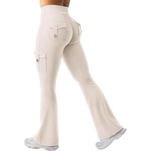 imageYEOREO CoreFlex Women Workout Flare Leggings with Pockets Hidden Scrunch High Waisted Cargo Gym Yoga No Front Seam LeggingsLight Khaki