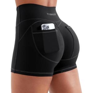 imageYEOREO Denim Look Pocket 36 Workout Shorts for Women Scrunch High Waisted Yoga Gym ShortsBlack
