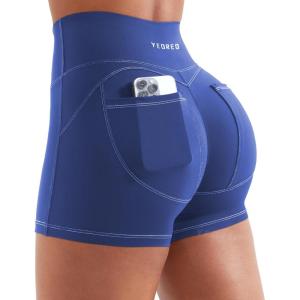 imageYEOREO Denim Look Pocket 36 Workout Shorts for Women Scrunch High Waisted Yoga Gym ShortsBlue