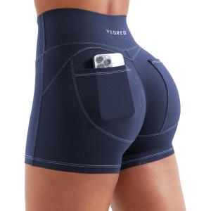 imageYEOREO Denim Look Pocket 36 Workout Shorts for Women Scrunch High Waisted Yoga Gym ShortsNavy