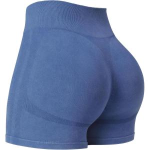 imageYEOREO Women Workout Biker Shorts Impact 45quot Faux Denim No Front Seam Mid Waist Hidden Scrunch Lifting Yoga Gym ShortsDark Blue Sandwashed