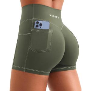 imageYEOREO Women Workout Shorts with Cargo Pockets Bernicy Hidden Scrunch Butt Lifting Contrast Stitching Gym ShortsArmy Green
