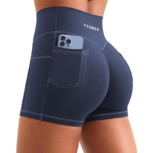 imageYEOREO Women Workout Shorts with Cargo Pockets Bernicy Hidden Scrunch Butt Lifting Contrast Stitching Gym ShortsNavy Blue