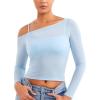 imageYEOREO Women Sheer Long Sleeve Crop Top Workout See Through One Shoulder Yoga T Shirts Summer Party Club Going Out TopLight Blue