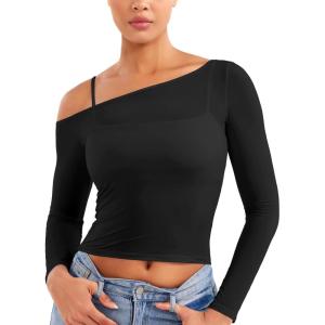imageYEOREO Women Sheer Long Sleeve Crop Top Workout See Through One Shoulder Yoga T Shirts Summer Party Club Going Out TopBlack