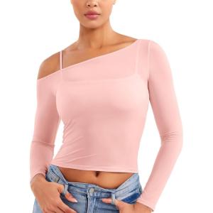 imageYEOREO Women Sheer Long Sleeve Crop Top Workout See Through One Shoulder Yoga T Shirts Summer Party Club Going Out TopCherry Blossom