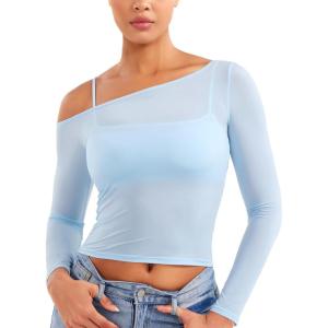 imageYEOREO Women Sheer Long Sleeve Crop Top Workout See Through One Shoulder Yoga T Shirts Summer Party Club Going Out TopLight Blue