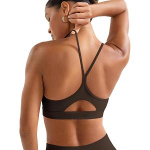 imageYEOREO Womens Workout Y Back Strappy Sports Bras Padded V Neck Medium Impact Racerback Spaghetti Straps Bra Gym Yoga TopCocoa