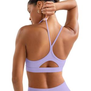 imageYEOREO Womens Workout Y Back Strappy Sports Bras Padded V Neck Medium Impact Racerback Spaghetti Straps Bra Gym Yoga TopLight Purple
