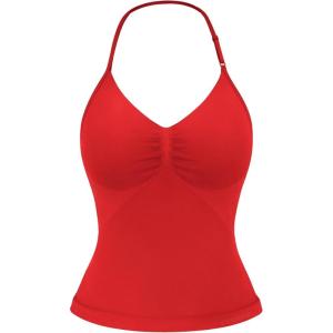 imageYEOREO SoftHue Impact Longline Strappy Top Womens Halter Workout Tank Tops Backless Gym Longline with Adjustable StrapChili Red
