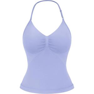 imageYEOREO SoftHue Impact Longline Strappy Top Womens Halter Workout Tank Tops Backless Gym Longline with Adjustable StrapIce Blue