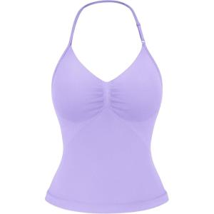 imageYEOREO SoftHue Impact Longline Strappy Top Womens Halter Workout Tank Tops Backless Gym Longline with Adjustable StrapLight Purple