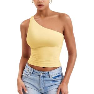 imageYEOREO Womens One Shoulder Tops Sleeveless Going Out Tank Top Fanciy Double Lined Cropped Tee Y2K Summer Shirts Slim FitCreamy Yellow