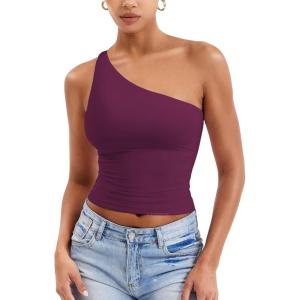 imageYEOREO Womens One Shoulder Tops Sleeveless Going Out Tank Top Fanciy Double Lined Cropped Tee Y2K Summer Shirts Slim FitDeep Raspberry