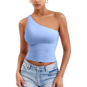 imageYEOREO Womens One Shoulder Tops Sleeveless Going Out Tank Top Fanciy Double Lined Cropped Tee Y2K Summer Shirts Slim FitLight Blue